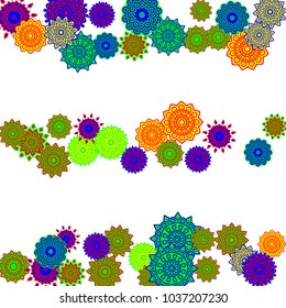 Ethnic Orient Background with Simple Mandala Motives. Outline Round Patterns on White Background. Bohemian Vintage  Background in Indian Style. Lacy Medallions. Moroccan, Turkish or Arabic Pattern