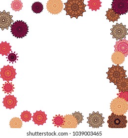 Ethnic Orient Background with Simple Mandala Motives. Outline Round Patterns on White Background. Bohemian Vintage  Background in Indian Style. Lacy Medallions. Moroccan, Turkish or Arabic Pattern