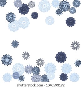 Ethnic Orient Background with Simple Mandala Motives. Outline Round Patterns on White Background. Bohemian Vintage  Background in Indian Style. Lacy Medallions. Moroccan, Turkish or Arabic Pattern