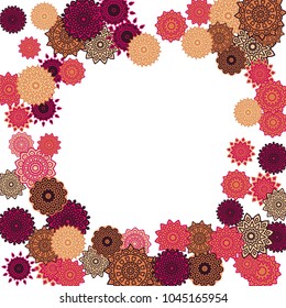 Ethnic Orient Background with Simple Mandala Motives. Outline Round Patterns on White Background. Bohemian Vintage  Background in Indian Style. Lacy Medallions. Moroccan, Turkish or Arabic Pattern