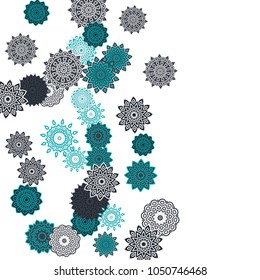 Ethnic Orient Background with Simple Mandala Motives. Outline Round Patterns on White Background. Bohemian Vintage  Background in Indian Style. Lacy Medallions. Moroccan, Turkish or Arabic Pattern
