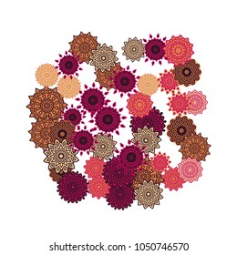 Ethnic Orient Background with Simple Mandala Motives. Outline Round Patterns on White Background. Bohemian Vintage  Background in Indian Style. Lacy Medallions. Moroccan, Turkish or Arabic Pattern