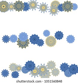 Ethnic Orient Background with Simple Mandala Motives. Outline Round Patterns on White Background. Bohemian Vintage  Background in Indian Style. Lacy Medallions. Moroccan, Turkish or Arabic Pattern