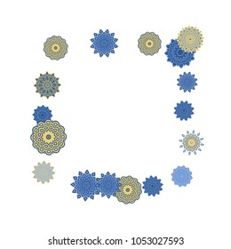 Ethnic Orient Background with Simple Mandala Motives. Outline Round Patterns on White Background. Bohemian Vintage  Background in Indian Style. Lacy Medallions. Moroccan, Turkish or Arabic Pattern