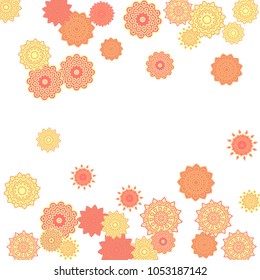 Ethnic Orient Background with Simple Mandala Motives. Outline Round Patterns on White Background. Bohemian Vintage  Background in Indian Style. Lacy Medallions. Moroccan, Turkish or Arabic Pattern