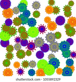 Ethnic Orient Background with Simple Mandala Motives. Outline Round Patterns on White Background. Bohemian Vintage  Background in Indian Style. Lacy Medallions. Moroccan, Turkish or Arabic Pattern
