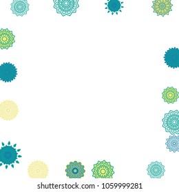 Ethnic Orient Background with Simple Mandala Motives. Outline Round Patterns on White Background. Bohemian Vintage  Background in Indian Style. Lacy Medallions. Moroccan, Turkish or Arabic Pattern