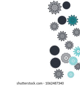 Ethnic Orient Background with Simple Mandala Motives. Outline Round Patterns on White Background. Bohemian Vintage  Background in Indian Style. Lacy Medallions. Moroccan, Turkish or Arabic Pattern