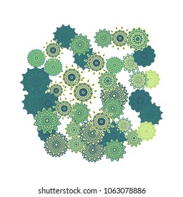 Ethnic Orient Background with Simple Mandala Motives. Outline Round Patterns on White Background. Bohemian Vintage  Background in Indian Style. Lacy Medallions. Moroccan, Turkish or Arabic Pattern