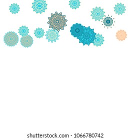 Ethnic Orient Background with Simple Mandala Motives. Outline Round Patterns on White Background. Bohemian Vintage  Background in Indian Style. Lacy Medallions. Moroccan, Turkish or Arabic Pattern