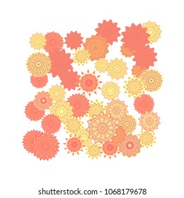 Ethnic Orient Background with Simple Mandala Motives. Outline Round Patterns on White Background. Bohemian Vintage  Background in Indian Style. Lacy Medallions. Moroccan, Turkish or Arabic Pattern