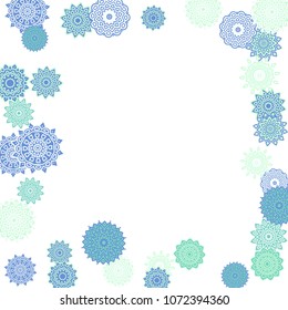 Ethnic Orient Background with Simple Mandala Motives. Outline Round Patterns on White Background. Bohemian Vintage  Background in Indian Style. Lacy Medallions. Moroccan, Turkish or Arabic Pattern