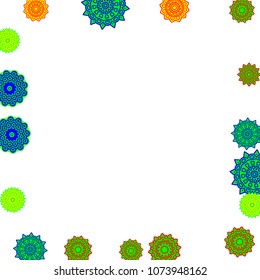 Ethnic Orient Background with Simple Mandala Motives. Outline Round Patterns on White Background. Bohemian Vintage  Background in Indian Style. Lacy Medallions. Moroccan, Turkish or Arabic Pattern