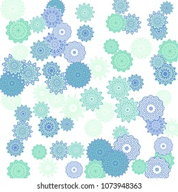 Ethnic Orient Background with Simple Mandala Motives. Outline Round Patterns on White Background. Bohemian Vintage  Background in Indian Style. Lacy Medallions. Moroccan, Turkish or Arabic Pattern