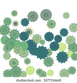 Ethnic Orient Background with Simple Mandala Motives. Outline Round Patterns on White Background. Bohemian Vintage  Background in Indian Style. Lacy Medallions. Moroccan, Turkish or Arabic Pattern