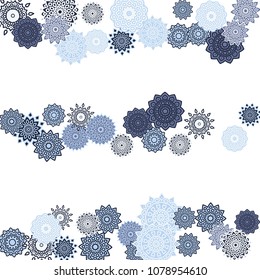 Ethnic Orient Background with Simple Mandala Motives. Outline Round Patterns on White Background. Bohemian Vintage  Background in Indian Style. Lacy Medallions. Moroccan, Turkish or Arabic Pattern