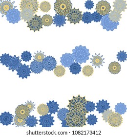 Ethnic Orient Background with Simple Mandala Motives. Outline Round Patterns on White Background. Bohemian Vintage  Background in Indian Style. Lacy Medallions. Moroccan, Turkish or Arabic Pattern