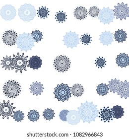 Ethnic Orient Background with Simple Mandala Motives. Outline Round Patterns on White Background. Bohemian Vintage  Background in Indian Style. Lacy Medallions. Moroccan, Turkish or Arabic Pattern
