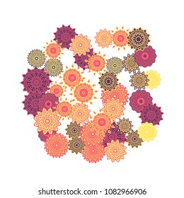 Ethnic Orient Background with Simple Mandala Motives. Outline Round Patterns on White Background. Bohemian Vintage  Background in Indian Style. Lacy Medallions. Moroccan, Turkish or Arabic Pattern