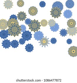 Ethnic Orient Background with Simple Mandala Motives. Outline Round Patterns on White Background. Bohemian Vintage  Background in Indian Style. Lacy Medallions. Moroccan, Turkish or Arabic Pattern