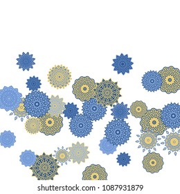Ethnic Orient Background with Simple Mandala Motives. Outline Round Patterns on White Background. Bohemian Vintage  Background in Indian Style. Lacy Medallions. Moroccan, Turkish or Arabic Pattern