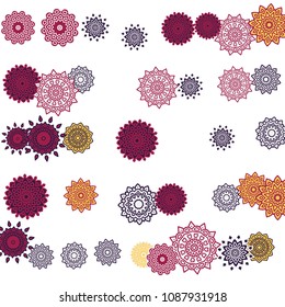 Ethnic Orient Background with Simple Mandala Motives. Outline Round Patterns on White Background. Bohemian Vintage  Background in Indian Style. Lacy Medallions. Moroccan, Turkish or Arabic Pattern
