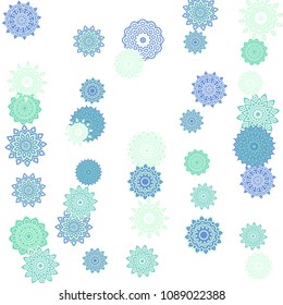 Ethnic Orient Background with Simple Mandala Motives. Outline Round Patterns on White Background. Bohemian Vintage  Background in Indian Style. Lacy Medallions. Moroccan, Turkish or Arabic Pattern