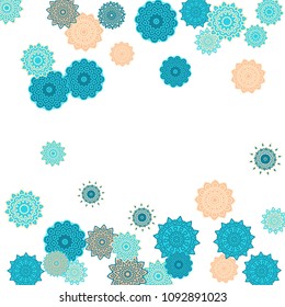 Ethnic Orient Background with Simple Mandala Motives. Outline Round Patterns on White Background. Bohemian Vintage  Background in Indian Style. Lacy Medallions. Moroccan, Turkish or Arabic Pattern