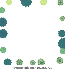 Ethnic Orient Background with Simple Mandala Motives. Outline Round Patterns on White Background. Bohemian Vintage  Background in Indian Style. Lacy Medallions. Moroccan, Turkish or Arabic Pattern