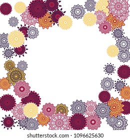 Ethnic Orient Background with Simple Mandala Motives. Outline Round Patterns on White Background. Bohemian Vintage  Background in Indian Style. Lacy Medallions. Moroccan, Turkish or Arabic Pattern