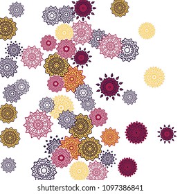 Ethnic Orient Background with Simple Mandala Motives. Outline Round Patterns on White Background. Bohemian Vintage  Background in Indian Style. Lacy Medallions. Moroccan, Turkish or Arabic Pattern