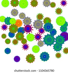 Ethnic Orient Background with Simple Mandala Motives. Outline Round Patterns on White Background. Bohemian Vintage  Background in Indian Style. Lacy Medallions. Moroccan, Turkish or Arabic Pattern