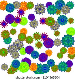 Ethnic Orient Background with Simple Mandala Motives. Outline Round Patterns on White Background. Bohemian Vintage  Background in Indian Style. Lacy Medallions. Moroccan, Turkish or Arabic Pattern