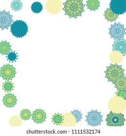 Ethnic Orient Background with Simple Mandala Motives. Outline Round Patterns on White Background. Bohemian Vintage  Background in Indian Style. Lacy Medallions. Moroccan, Turkish or Arabic Pattern