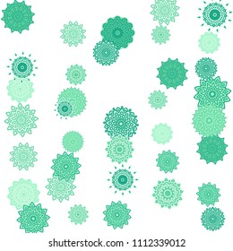 Ethnic Orient Background with Simple Mandala Motives. Outline Round Patterns on White Background. Bohemian Vintage  Background in Indian Style. Lacy Medallions. Moroccan, Turkish or Arabic Pattern