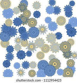 Ethnic Orient Background with Simple Mandala Motives. Outline Round Patterns on White Background. Bohemian Vintage  Background in Indian Style. Lacy Medallions. Moroccan, Turkish or Arabic Pattern