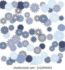 Ethnic Orient Background with Simple Mandala Motives. Outline Round Patterns on White Background. Bohemian Vintage  Background in Indian Style. Lacy Medallions. Moroccan, Turkish or Arabic Pattern