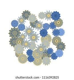 Ethnic Orient Background with Simple Mandala Motives. Outline Round Patterns on White Background. Bohemian Vintage  Background in Indian Style. Lacy Medallions. Moroccan, Turkish or Arabic Pattern