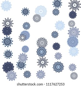 Ethnic Orient Background with Simple Mandala Motives. Outline Round Patterns on White Background. Bohemian Vintage  Background in Indian Style. Lacy Medallions. Moroccan, Turkish or Arabic Pattern