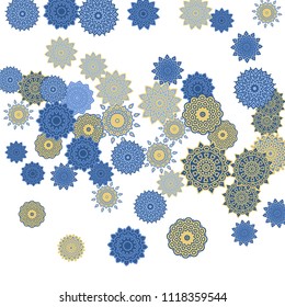 Ethnic Orient Background with Simple Mandala Motives. Outline Round Patterns on White Background. Bohemian Vintage  Background in Indian Style. Lacy Medallions. Moroccan, Turkish or Arabic Pattern