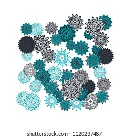 Ethnic Orient Background with Simple Mandala Motives. Outline Round Patterns on White Background. Bohemian Vintage  Background in Indian Style. Lacy Medallions. Moroccan, Turkish or Arabic Pattern