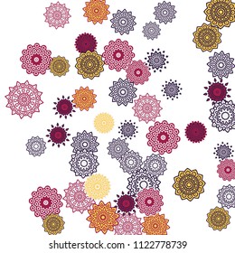Ethnic Orient Background with Simple Mandala Motives. Outline Round Patterns on White Background. Bohemian Vintage  Background in Indian Style. Lacy Medallions. Moroccan, Turkish or Arabic Pattern