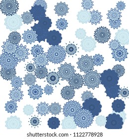 Ethnic Orient Background with Simple Mandala Motives. Outline Round Patterns on White Background. Bohemian Vintage  Background in Indian Style. Lacy Medallions. Moroccan, Turkish or Arabic Pattern