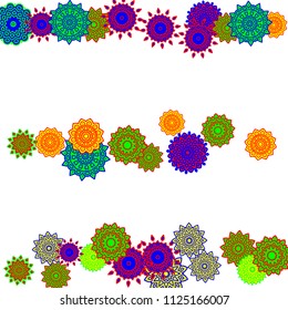 Ethnic Orient Background with Simple Mandala Motives. Outline Round Patterns on White Background. Bohemian Vintage  Background in Indian Style. Lacy Medallions. Moroccan, Turkish or Arabic Pattern