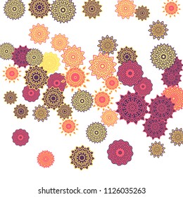 Ethnic Orient Background with Simple Mandala Motives. Outline Round Patterns on White Background. Bohemian Vintage  Background in Indian Style. Lacy Medallions. Moroccan, Turkish or Arabic Pattern