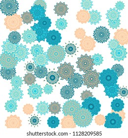 Ethnic Orient Background with Simple Mandala Motives. Outline Round Patterns on White Background. Bohemian Vintage  Background in Indian Style. Lacy Medallions. Moroccan, Turkish or Arabic Pattern