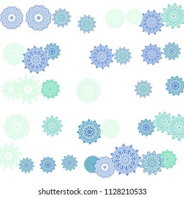 Ethnic Orient Background with Simple Mandala Motives. Outline Round Patterns on White Background. Bohemian Vintage  Background in Indian Style. Lacy Medallions. Moroccan, Turkish or Arabic Pattern