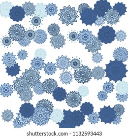 Ethnic Orient Background with Simple Mandala Motives. Outline Round Patterns on White Background. Bohemian Vintage  Background in Indian Style. Lacy Medallions. Moroccan, Turkish or Arabic Pattern