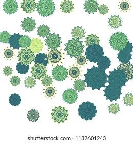 Ethnic Orient Background with Simple Mandala Motives. Outline Round Patterns on White Background. Bohemian Vintage  Background in Indian Style. Lacy Medallions. Moroccan, Turkish or Arabic Pattern