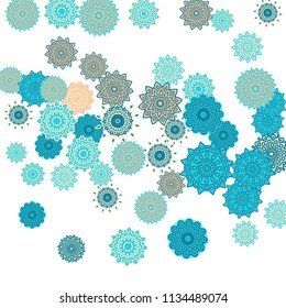 Ethnic Orient Background with Simple Mandala Motives. Outline Round Patterns on White Background. Bohemian Vintage  Background in Indian Style. Lacy Medallions. Moroccan, Turkish or Arabic Pattern